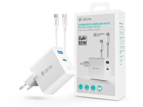 Devia GaN hálózati töltő adapter USB-A + USB-C  + USB-C - C kábel (1,5 méter) 65W szett