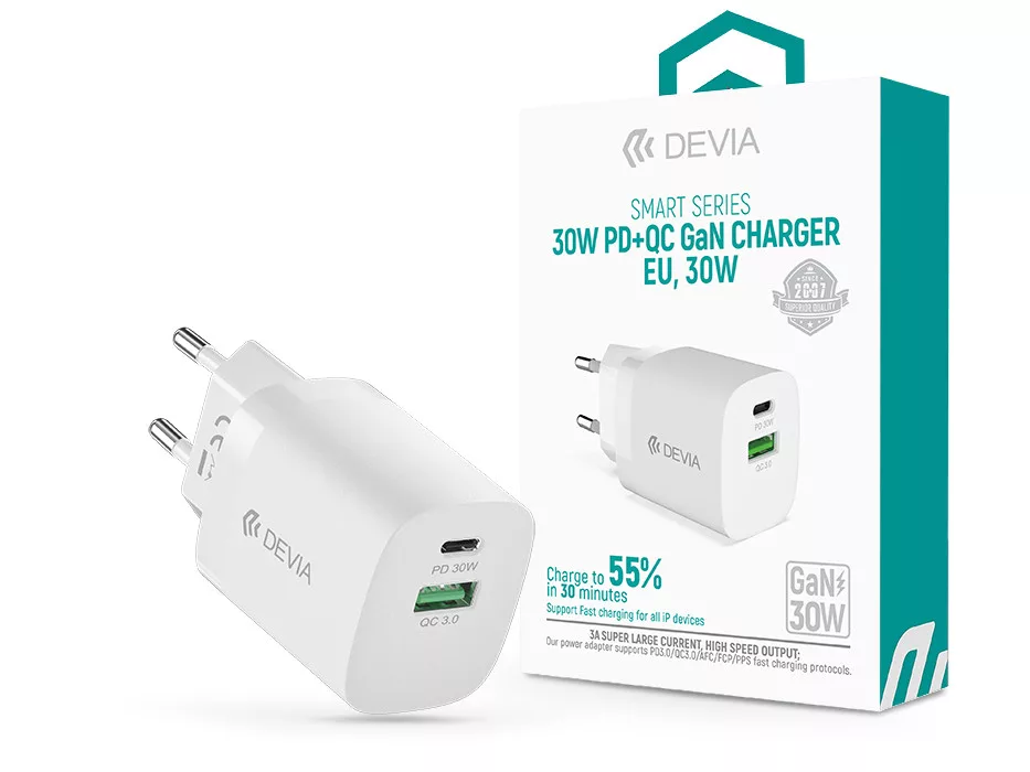 DEVIA GAN HÁLÓZATI TÖLTŐ ADAPTER USB + TYPE-C BEMENETTEL - 30W - DEVIA SMART SERIES GAN PD + QC QUIC