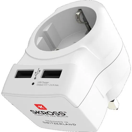 SKROSS utazó töltő 2 USB aljzat (250V/2.4A, EU2 pin -  földelt) FEHÉR  UK (ANGLIA)