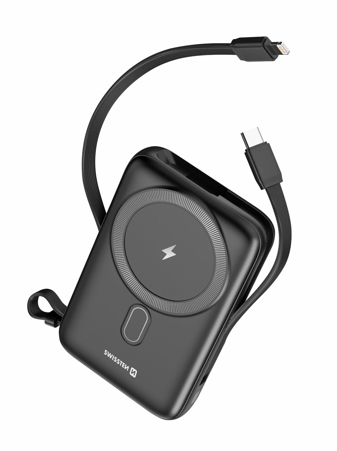 Swissten 10000 mAh 20W beépített USB-C és lightning kábellel FEKETE Külső akkumulátor / Power bank