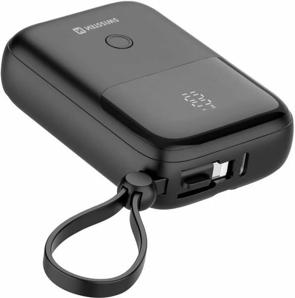 Swissten 10000 mAh power bank beépített USB-C és lightning kábellel, 22,5W