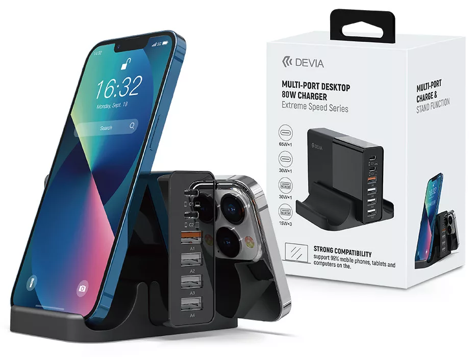 DEVIA ASZTALI TÖLTŐ ÁLLOMÁS 4XUSB + 2XTYPE-C PD BEMENETTEL - 80W - DEVIA EXTREMESPEED SERIES MULTI-P