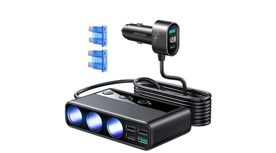 Joyroom 9 az 1-ben laptop autós töltő 154W - 5x USB / 1x USB Type C / 3x szivargyújtó aljzat