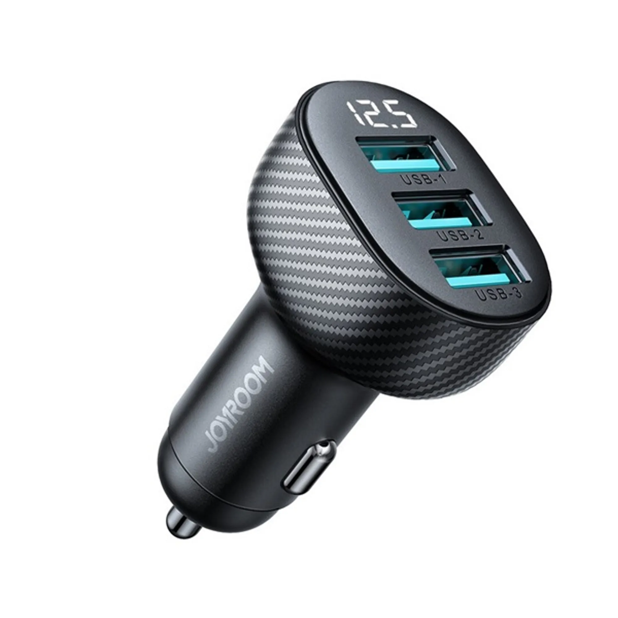 JOYROOM autós töltő 3 USB aljzat (18W, gyorstöltő, karbon minta) FEKETE