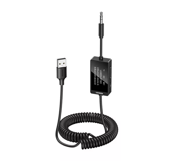 UGREEN bluetooth audió adapter (v5.4, 3.5mm jack, TX/RX funkció, spirál kábel) FEKETE