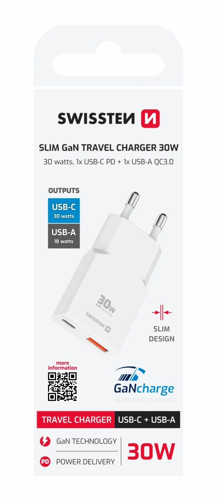Swissten GaN Slim hálózati töltőadapter, USB-C, USB-A, 30W, fehér
