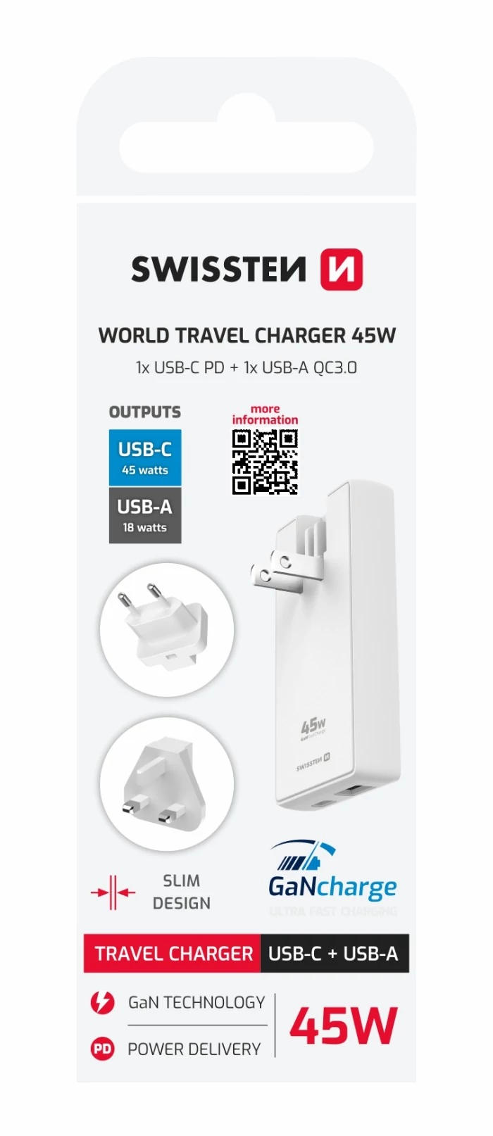 Swissten GaN univerzális világutazó töltőadapter US/EU/UK, USB-C, USB-A, 45W, fehér