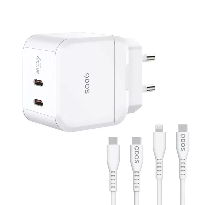 QDOS POWERCUBE TRIO 45W fehér hálózati töltő USB Type-C és Lightning adatkábellel 3A