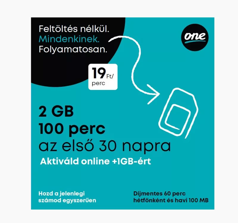SIM One aktiválatlan sim kártya 2GB(+1GB) adat és 100 perc kiinduló kerettel
