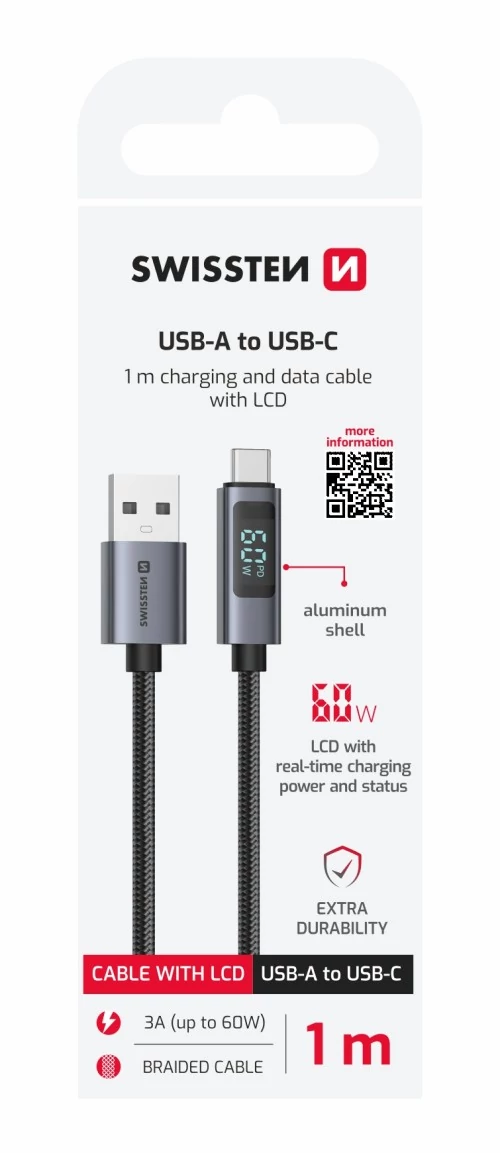 Swissten fonott adat- és töltőkábel LCD kijelzővel, USB/USB-C, 1m
