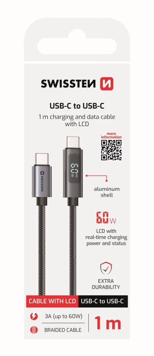 Swissten fonott adat- és töltőkábel LCD kijelzővel, USB-C/USB-C, 1m