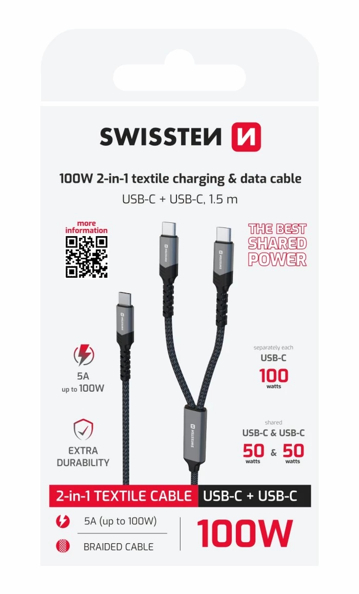 Swissten fonott töltőkábel 2in1, 100W, USB-C/2xUSB-C, 1,5m, fekete