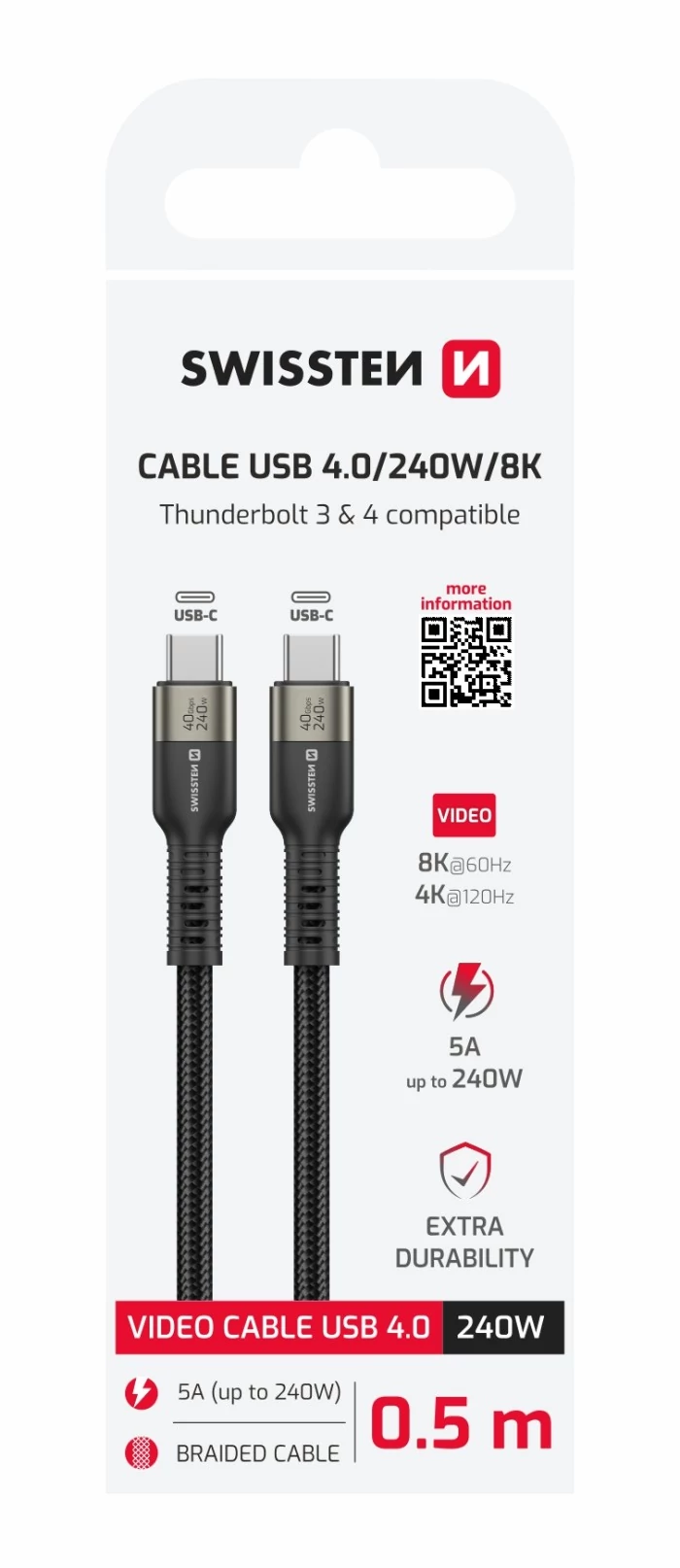 Swissten videó kábel, USB 4.0, USB-C 240W, 8K@60Hz, 40Gb/s, TB3&TB4, 0,5m, fekete