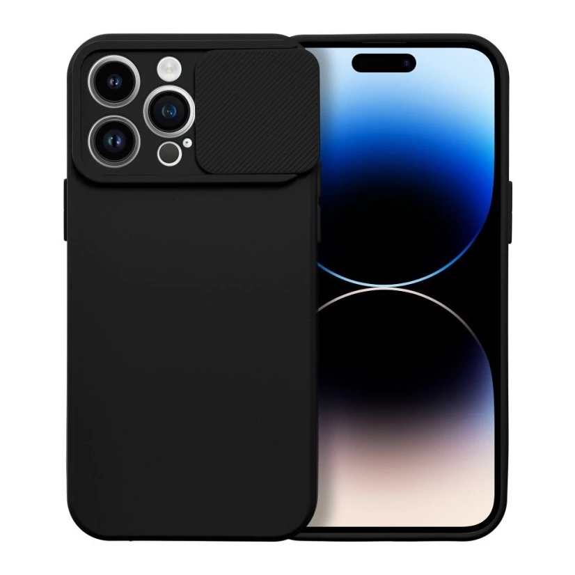 Slide Apple iPhone 15 Pro Max kameravédős szilikon tok, fekete