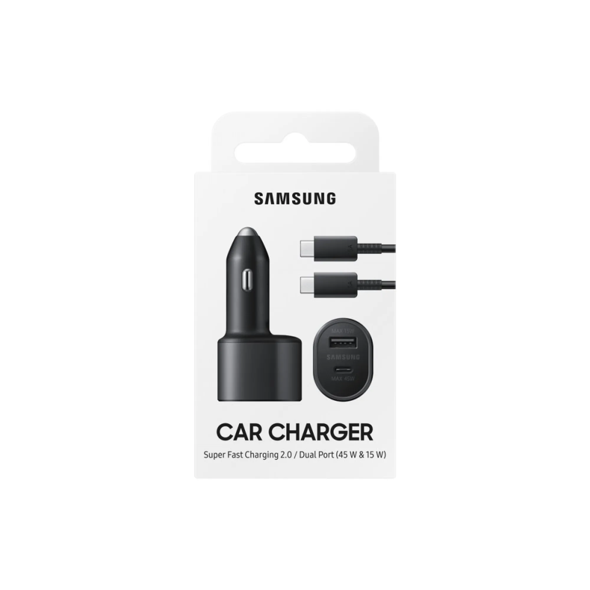 SAMSUNG autós töltő USB+Type-C aljzat (45W, gyorstöltő, LED + Type-C kábel) FEKETE