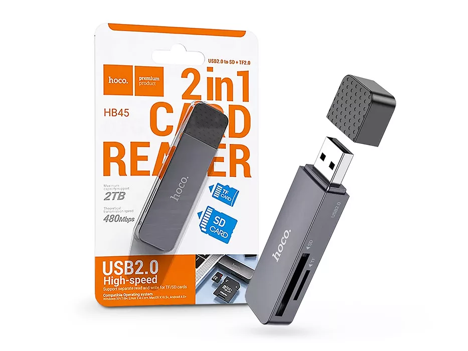 HOCO SD/MICROSD USB MERMÓRIAKÁRTYA-OLVASÓ - HOCO HB45 OTG 2IN1 CARD READER - FEKETE/SZÜRKE