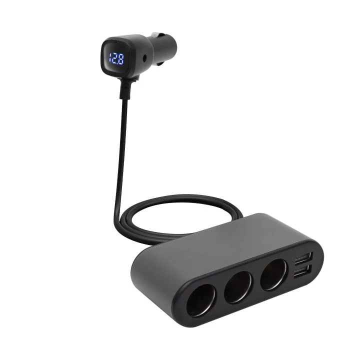 Autós feszültségelosztó és USB töltő, 3.4A USB töltő, max.80Watt, fém burkolat, Voltmérővel