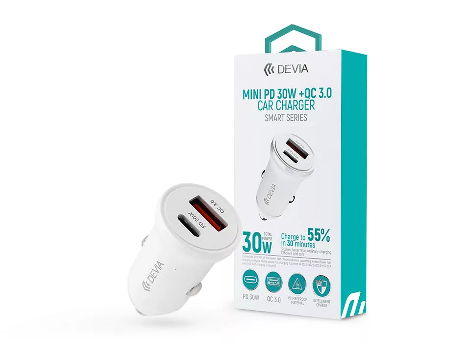 Devia Smart Series Mini 30W PD+QC USB+Type-C autós töltő adapter FEHÉR