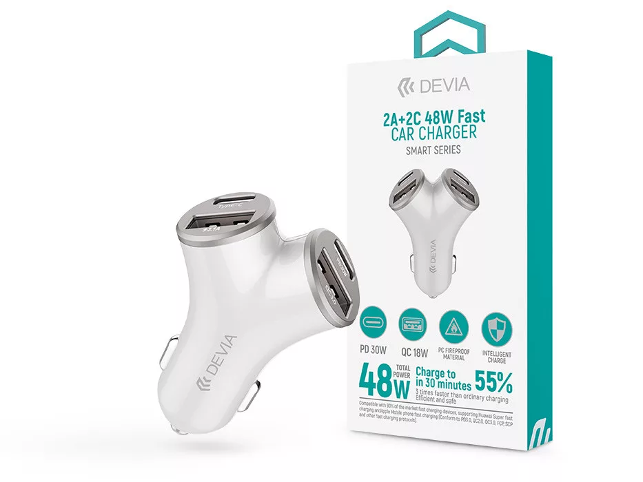 Devia Smart Series 48W PD+QC autós gyorstöltő 2xUSB+2xType-C - ezüst