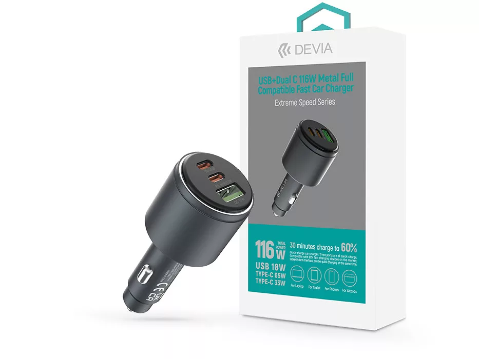 Devia Extreme Speed Series 65W PD+QC autós gyorstöltő USB+2xType-C  FEKETE