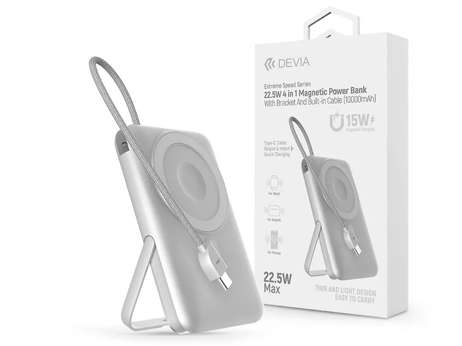 Devia Extreme Speed Series Magnetic 4in1 22.5W powerbank/állvány - Type-C - 10.000 mAh - ezüst