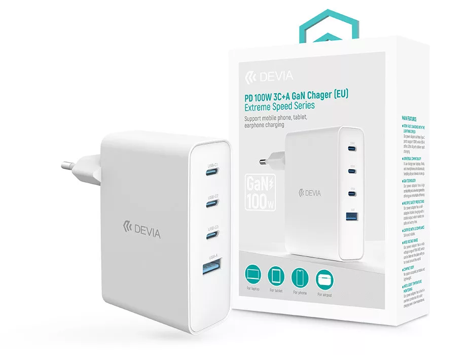 Devia Extreme Speed Series 100W GaN PD hálózati gyorstöltő adapter USB+3xType-C - fehér