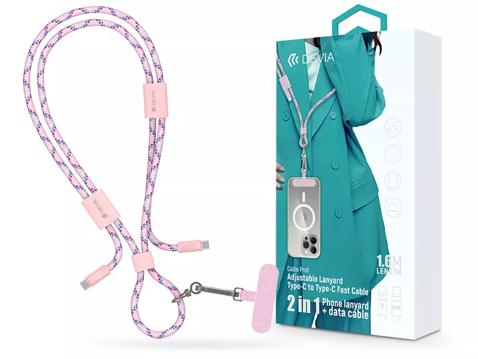 Devia Cable Pro5 Woven 60W PD Type-C/Type-C adat- és töltőkábel + nyakpánt 1,6m pink