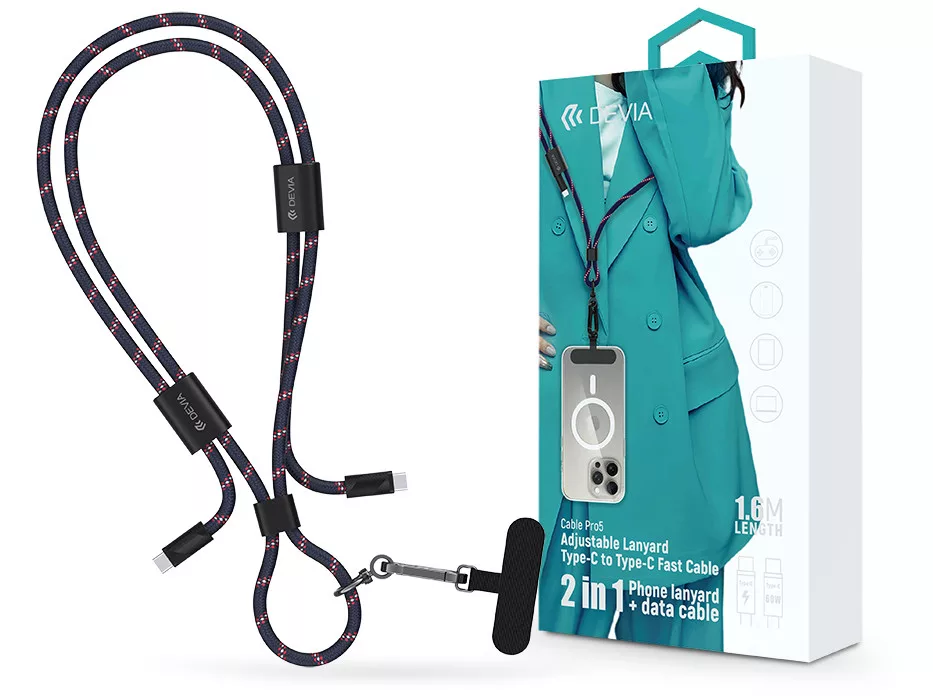 Devia Cable Pro5 Woven 60W PD Type-C/Type-C adat- és töltőkábel + nyakpánt 1,6m kék