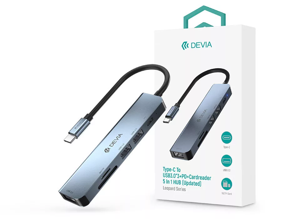 Devia USB Type-C - 3xUSB 3.0 + PD + Kártyaolvasó elosztó/adapter