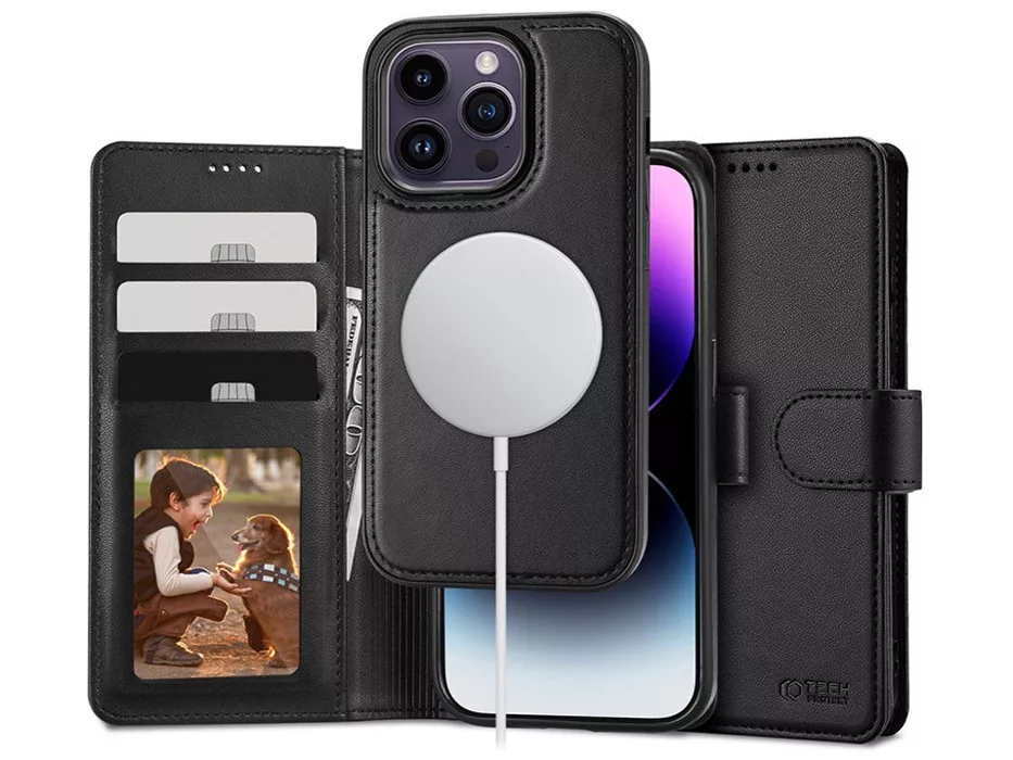 TECH-PROTECT WALLET FLIPES BŐRTOK + MAGSAFE HÁTLAP - APPLE IPHONE 15 PRO MAX - FEKETE