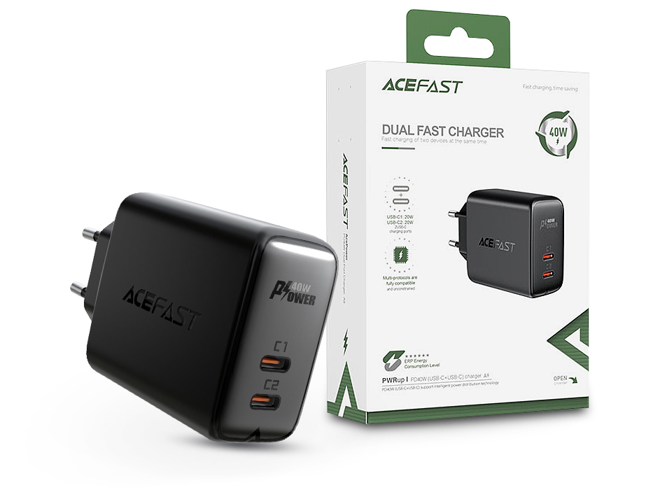 ACEFAST hálózati gyorstöltő adapter 2xType-C bemenettel – 40W – ACEFAST A9 Dual Fast Charger PD3.0 – fekete