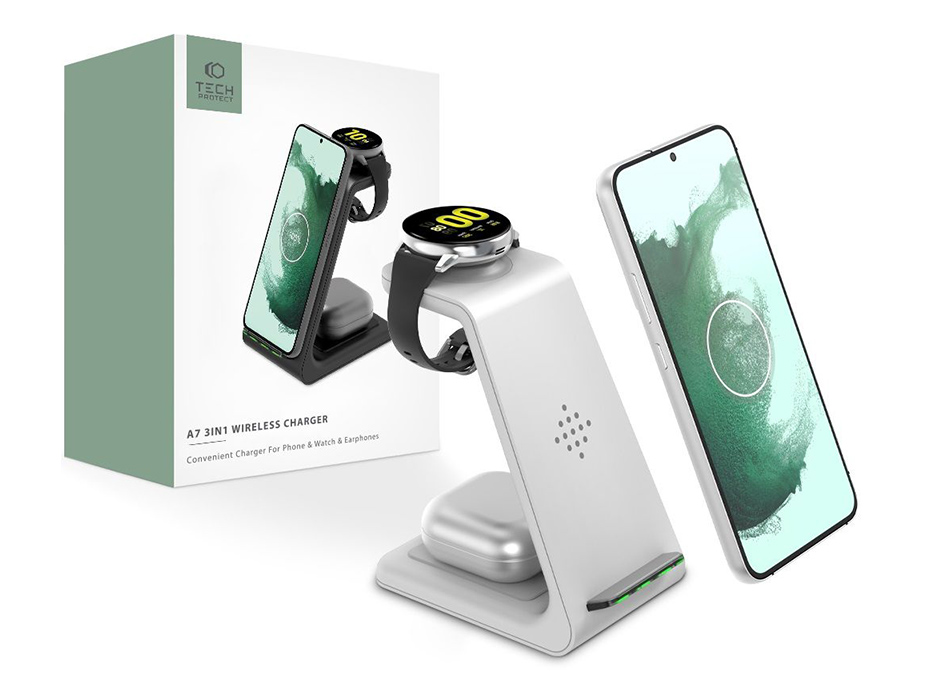 Tech-Protect Qi univerzális vezeték nélküli töltő állomás – Tech-Protect A7 3in1 Wireless Charger for Phone + Watch + Earphone – fehér