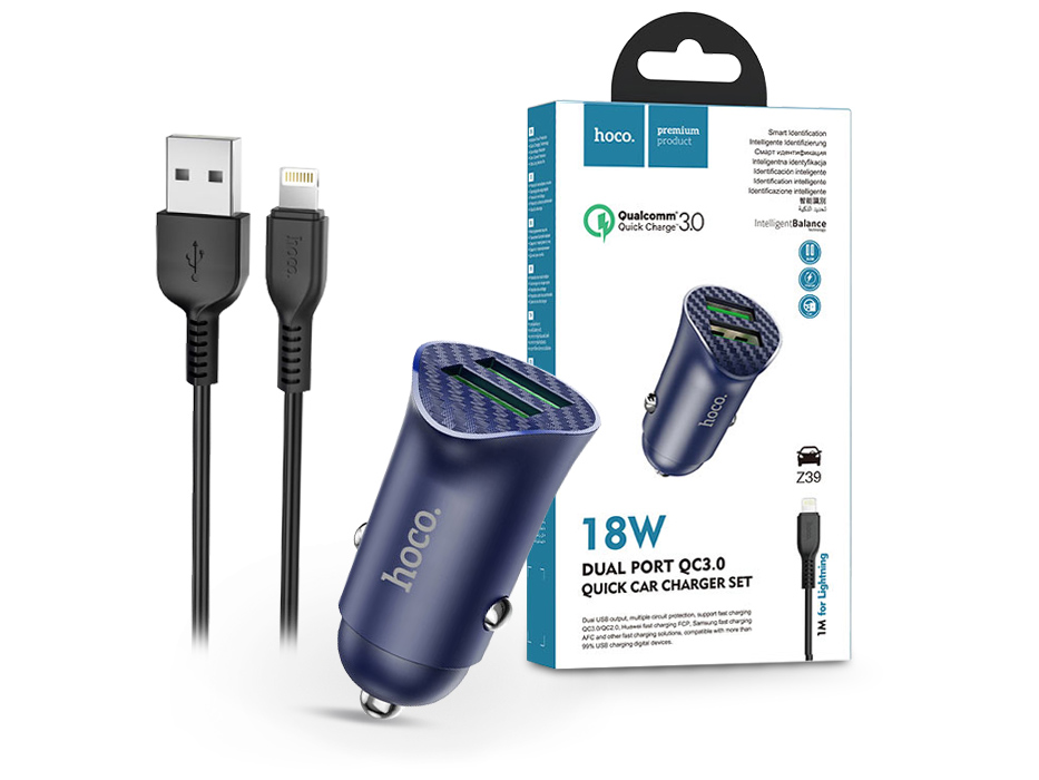 HOCO 2xUSB szivargyújtós töltő adapter + lightning adatkábel – 5V/3.0A – HOCO Z39 QC3.0 – kék
