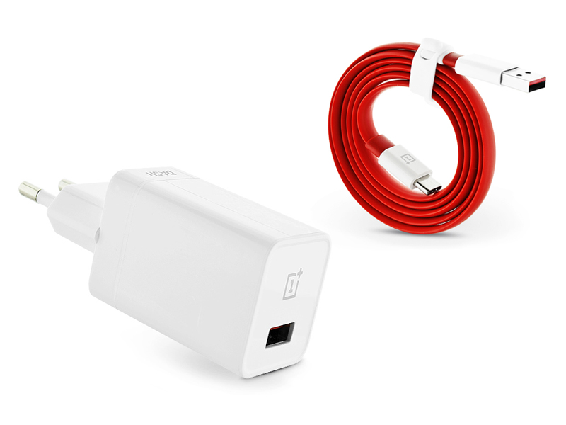 OnePlus gyári USB hálózati gyorstöltő adapter + Type-C adatkábel – 5V/4A – Dash Charge DC050430B white + D201 Flat red (ECO csomagolás)