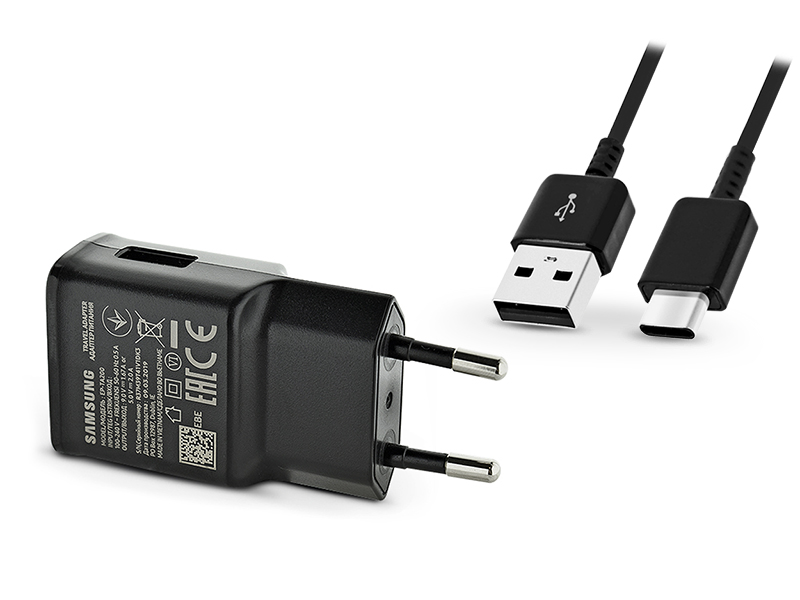 Samsung gyári USB hálózati töltő adapter + USB Type-C adatkábel – 5V/2A – EP-TA200EBE + EP-DG950 Type-C black (ECO csomaglás)