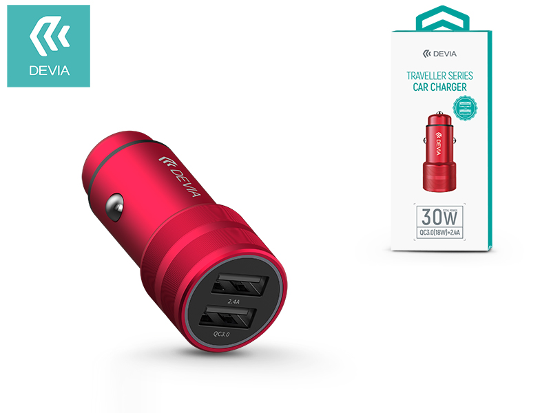 Devia Dual USB szivargyújtós töltő adapter – 5V/2,4A/9V/2A/12V/1,5A – Devia Traveller Series Car Charger – Qualcomm Quick Charge 3.0 – red