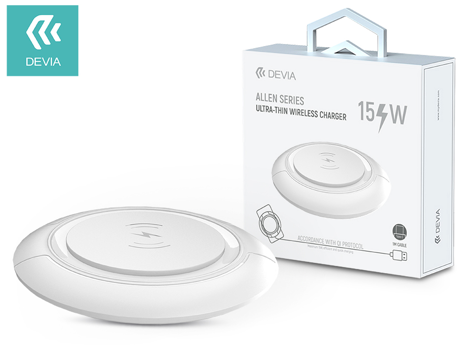 Devia Qi univerzális vezeték nélküli töltő állomás – 15W – Devia Allen Series V3 Ultra-Thin Wireless Charger – white – Qi szabványos