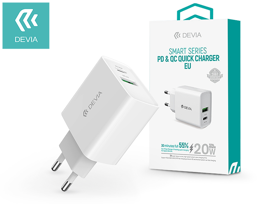 Devia hálózati töltő adapter Type-C + USB bemenettel – 20W – Devia Smart Series PD3.0 + QC3.0 – Qualcomm Quick Charge 3.0 – white