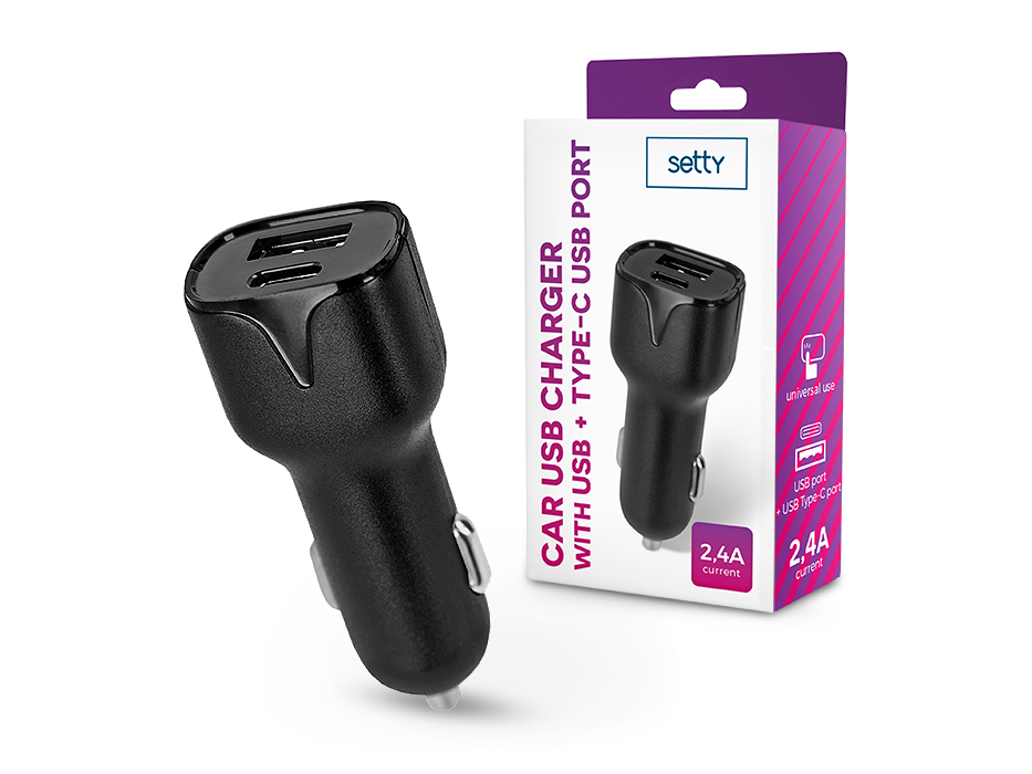 Setty USB + Type-C szivargyújtó töltő adapter – Setty Car USB Charger with USB + Type-C Ports – 5V/2,4A – fekete