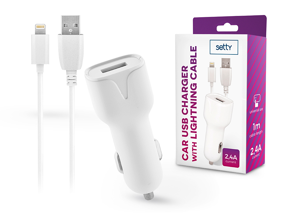 Setty USB szivargyújtó töltő adapter 1 m-es lightning vezetékkel – Setty USB Charger with Lightning Cable – 5V/2,4A – fehér