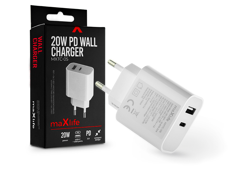Maxlife hálózati töltő adapter Type-C + USB bemenettel – 20W – Maxlife MXTC-05 Wall Charger PD3.0 – fehér