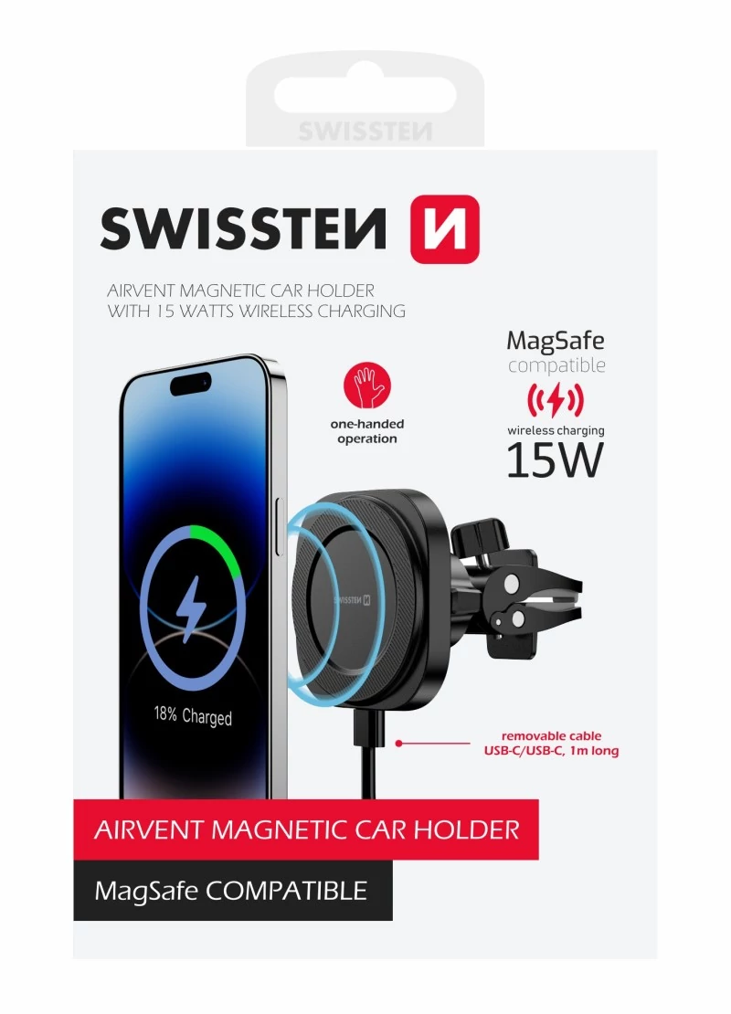 Swissten MagSafe kompatibilis mágneses autós telefontartó és wireless töltő szellőzőrácsra