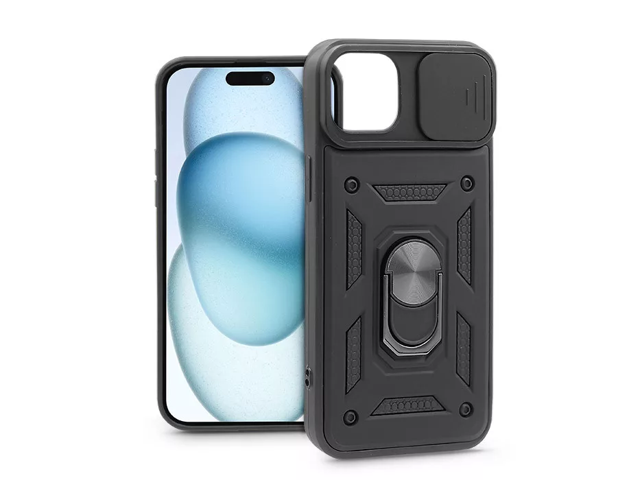APPLE IPHONE 15 ÜTÉSÁLLÓ HÁTLAP GYŰRŰVEL ÉS KAMERAVÉDŐVEL - SLIDE ARMOR - FEKETE