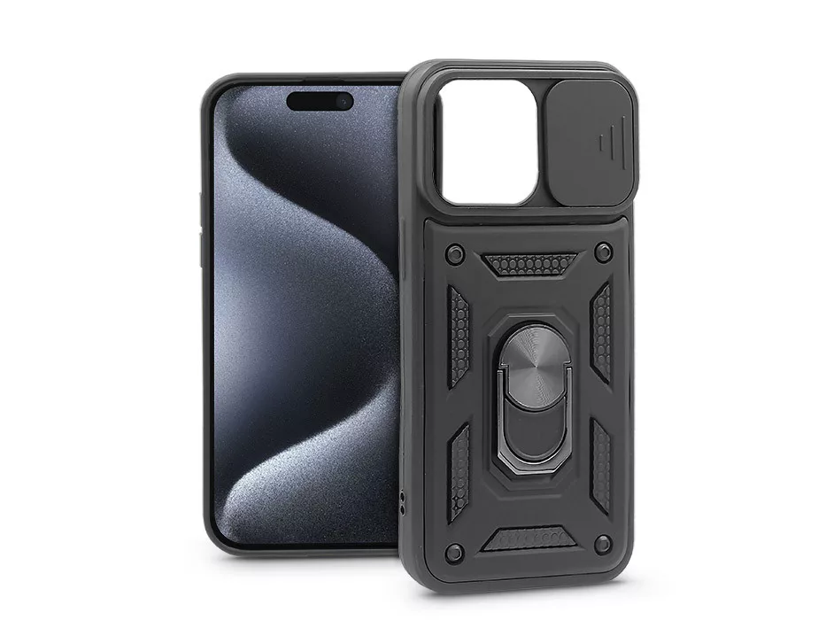 SLIDE ARMOR APPLE IPHONE 15 PRO ÜTÉSÁLLÓ HÁTLAP GYŰRŰVEL ÉS KAMERAVÉDŐVEL -  FEKETE