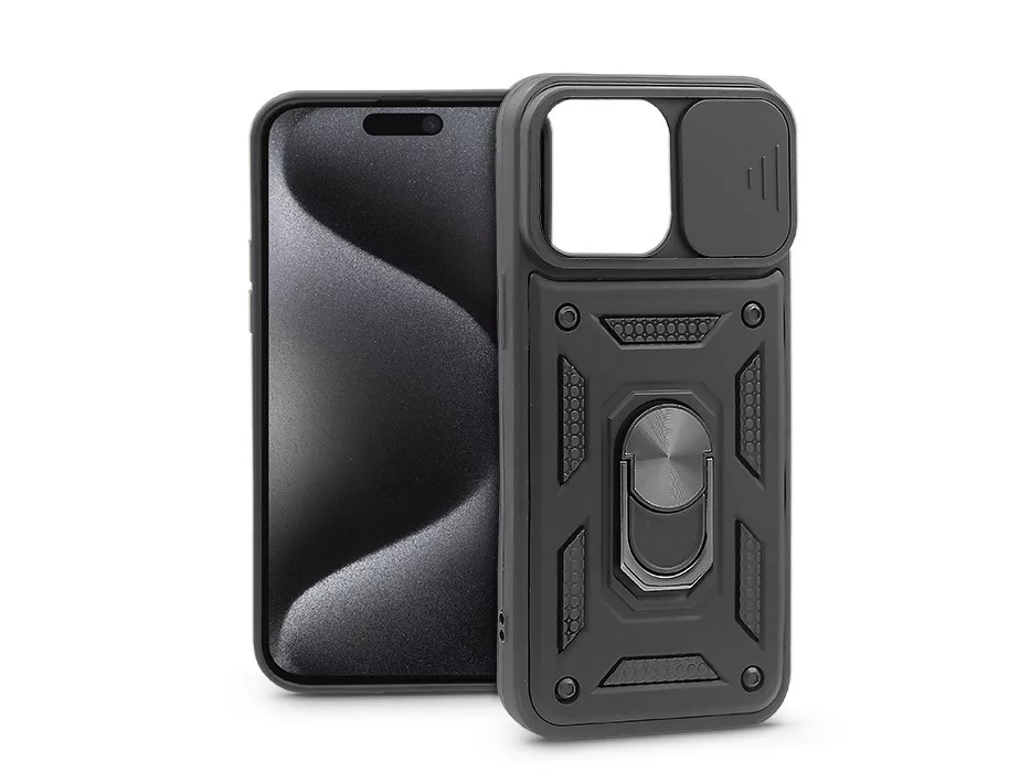 SLIDE ARMOR  APPLE IPHONE 15 PRO MAX ÜTÉSÁLLÓ HÁTLAP GYŰRŰVEL ÉS KAMERAVÉDŐVEL - FEKETE